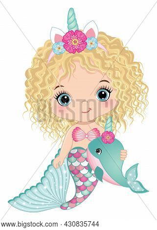 Cute Little Unicorn Mermaid Has Pink And Turquoise Fishtail And Horn With Flowers. Baby Mermaid Is B