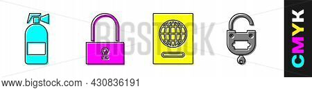Set Fire Extinguisher, Lock, Passport And Lock And Key Icon. Vector