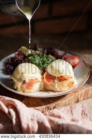 Eggs Benedict With Smoked Salmon, Hollandise Sauce On Bread