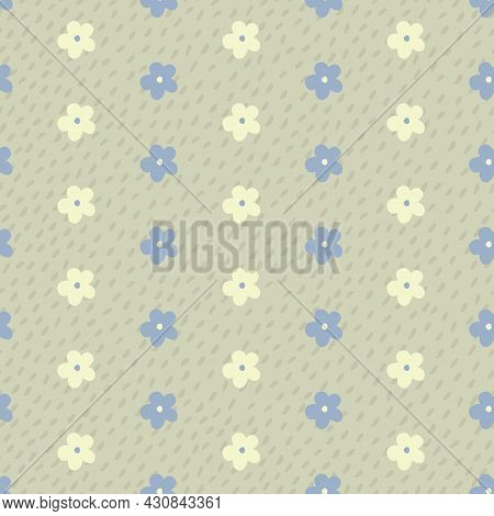 Beige, Yellow And Blue Flower Stripes Seamless Repeating Pattern. Beautiful Vector Design Perfect Fo