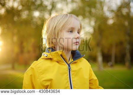 Portrait Of Little Boy Having Fun During Stroll In The Public Park At Sunny Autumn Day. Active Famil