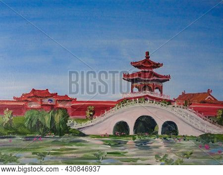 Buddhist Monastery Over The Lotus Pond, Oil Painting, China, Anshan