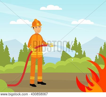 Firefighter In Orange Uniform And Protective Helmet With Hose Extinguishing Fire Vector Illustration