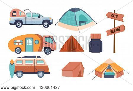 Colored Icons Of Things For Camp. Several Cars, As Well As Tent And Signpost. Icons For Site. Graphi