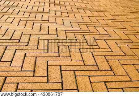 Yellow Block Pavior Driveway. Seamless Texture Of Street Tiles. Pattern Of Yellow Sidewalk Tiles. Pa