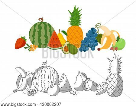 Set Of Fruit Colorful And Blackand White. Drawn Icons For Sites. Graphic Elements For Signs And Bann