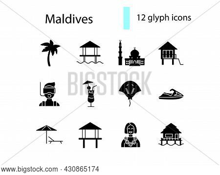 Maldives Attributes Glyph Icons Set. Jet Ski And Diving. Water Bungalow, Palm. Stingray And Beach Um