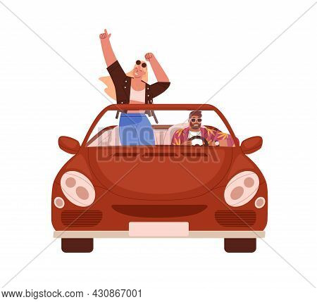 Happy Romantic Couple Traveling By Car. People In Cabrio At Road Trip. Man Driving Convertible With 