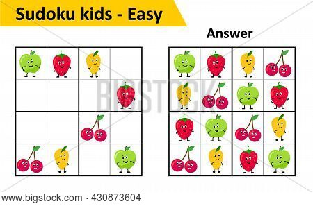 Sudoku Kids Game With Answers. Cute Fruit Characters In 4x4. Game For Small Children.