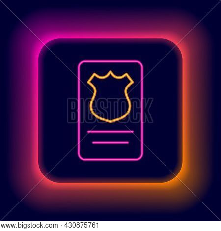 Glowing Neon Line Police Badge With Id Case Icon Isolated On Black Background. Colorful Outline Conc