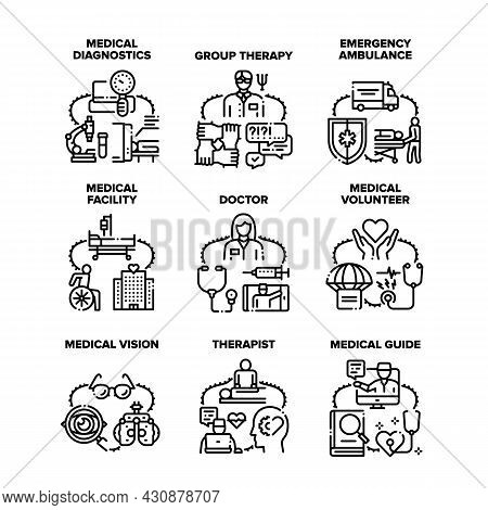 Medical Therapy Set Icons Vector Illustrations. Medical Therapy And Diagnostics, Doctor Therapist An