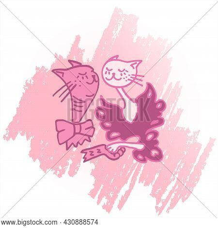 Cats In Love In Pink Color. Vector Illustration.