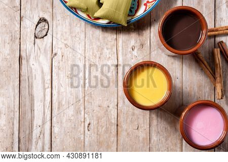 Traditional Mexican Atole Drink On Wooden Table. Top View. Copy Space