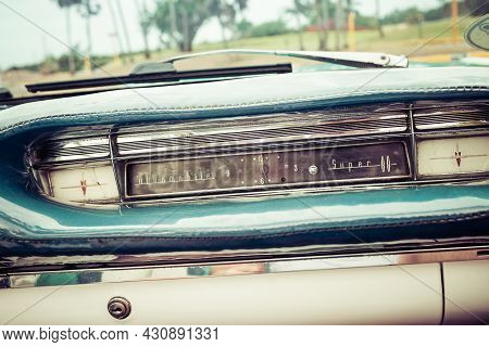 Varadero, Cuba - May 20, 2021: Convertible, The Original Dashboard Of A Retro Car