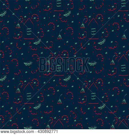 New Year Pattern With Houses And Berries. Modern Background With Holly Berries And Christmas Houses.