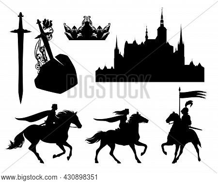 Prince, Princess, Castle And Crown With Sword Outlines - Fairy Tale Scene Design Black And White Vec