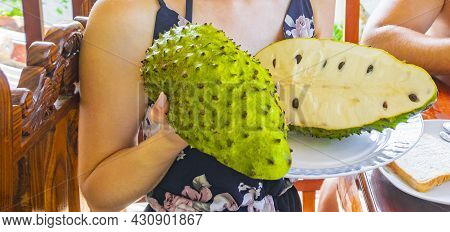 Woman Holds Sliced Soursop Sauersack Tropical Fruit In Sri Lanka.