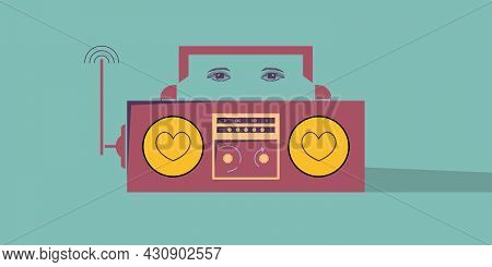 Radio Tape Recorder In Modern Style. Silhouette Of A Girl In Headphones. Eyes. Vector Illustration