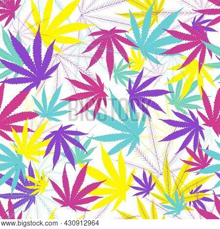 Cannabis Leaves Seamless Pattern On Withe Background.