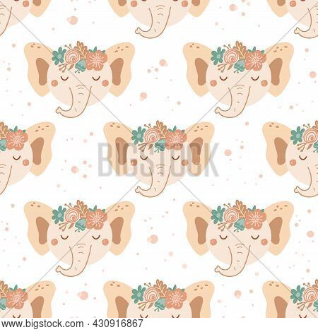 Seamless Pattern With Cute Elephan And Bouquet Pink And Blue Flowers. Background With Wild Animals I