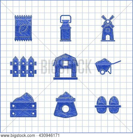 Set Farm House Concept, Bag Of Flour, Chicken Egg In Box, Wheelbarrow With Dirt, Wooden Harvest, Gar