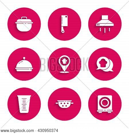 Set Chef Hat With Location, Kitchen Colander, Electric Stove, In Speech Bubble, Measuring Cup, Cover