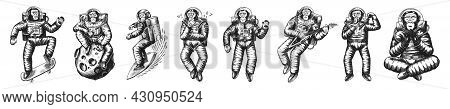 Monkey Astronaut With Whale, Guitar, Skateboard And Moon. Chimpanzee Spaceman Cosmonaut Characters S