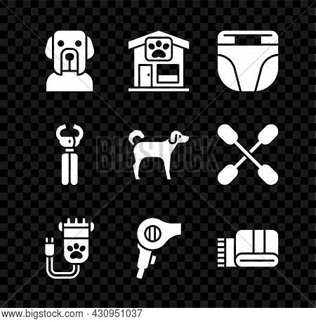 Set Dog, Pet Grooming, Diaper For Dog, Hair Clipper Pet, Dryer, Towel Stack, Nail Clippers And Icon.