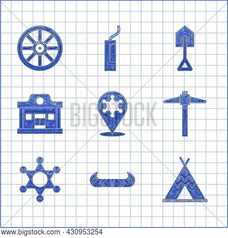 Set Hexagram Sheriff, Kayak Or Canoe And Paddle, Indian Teepee Wigwam, Pickaxe, Wild West Saloon, Sh