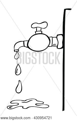 Outline Vector Hand Draw Sketch Water Tap At Wall, Spill And Splat Water, Isolated On White.