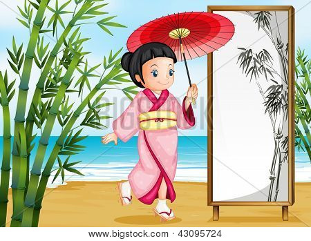 Bir kız bir kimono kıyafetleri gösterimi