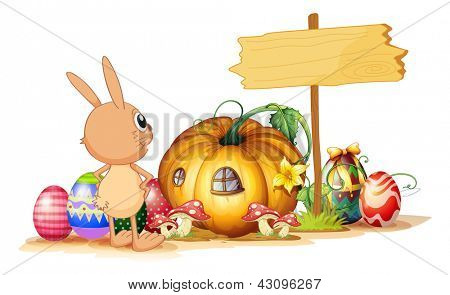 Ilustración de un conejo, huevos de Pascua, una calabaza y un letrero vacío sobre un fondo blanco