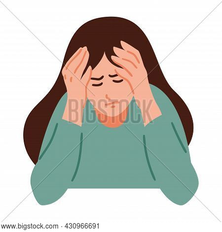A Woman Is Having A Headache. Girl Feels Anxiety And Depression. Psychological Health Concept. Nervo
