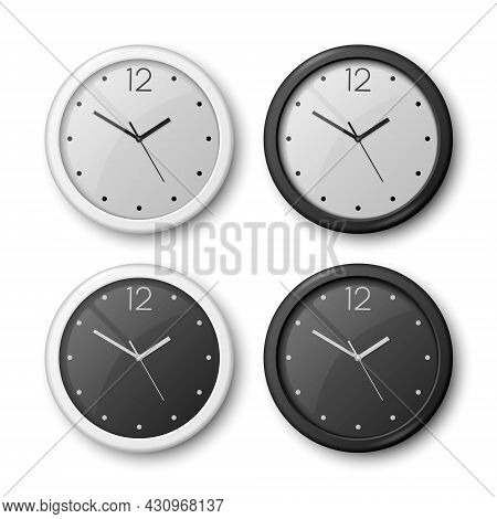 Vector 3d Realistic White, Black Wall Office Clock Icon Set Isolated. White Dial, Black Dial. Design