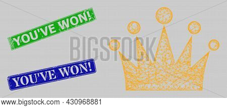Wireframe Network Crown Model, And Youve Won Exclamation. Blue And Green Rectangle Scratched Seals. 