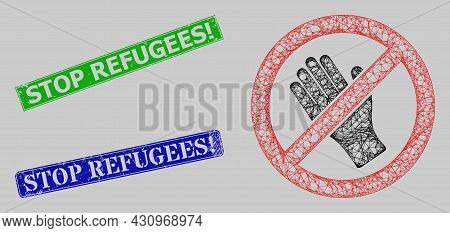 Carcass Crossing Mesh Do Not Touch Model, And Stop Refugees Exclamation. Blue And Green Rectangle Un