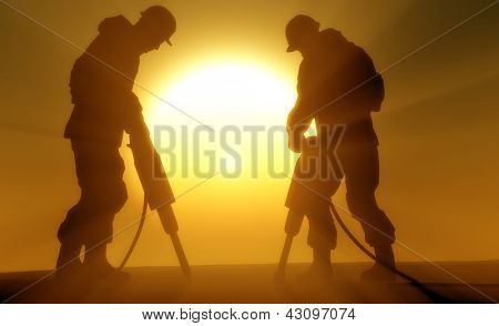 Silhouetten van het werken in de zon.