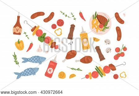 Set Of Grilled Food For Bbq Party Or Summer Picnic. Collection Of Barbecue Meat, Chicken, Sausages, 