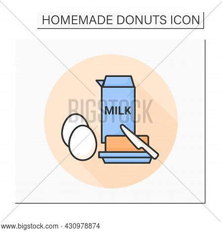 Eggs, Milk And Butter Color Icon. Dough Ingredients. Concept Of Traditional Breakfast Food, Donuts A
