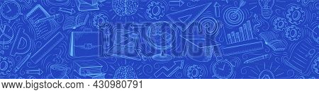 Online Education Seamless Pattern On Blue Background. Hand Drawn Distan Learning Doodles In Sketchy 