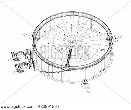 Large Oil Tank With Floating Roof. Vector Rendering Of 3d. Wire-frame Style. The Layers Of Visible A