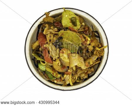 Stir Fried Spicy Wild Boar With Red Chili In White Bowl On Isolated On White Background With Clippin