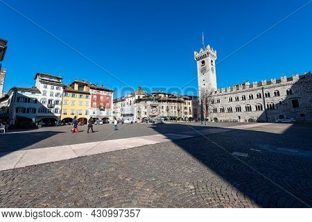 Cathedral Square In Trento Downtown (piazza Del Duomo) With The Neptune Fountain, Civic Tower, Praet