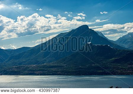 Aerial View Of The Lake Garda (lago Di Garda) And Italian Alps, Mountain Peak Of Monte Pizzocolo Als
