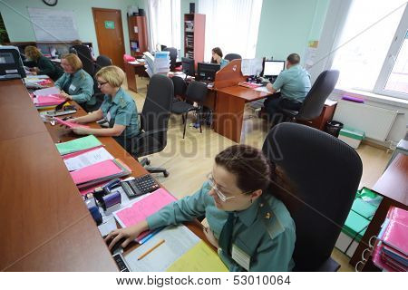 MOSCOW - FEB 28: Women in uniform working in office in Kiev customs house on February 28, 2013 in Moscow, Russia.