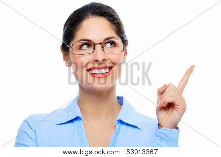 Beautiful thinking business woman isolated white background