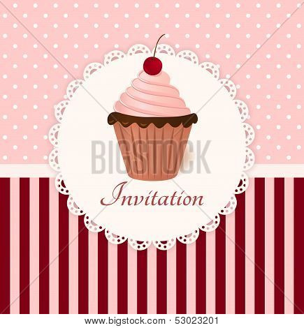 Vintage Vector Invitation Card With Cherry Cream Cake.