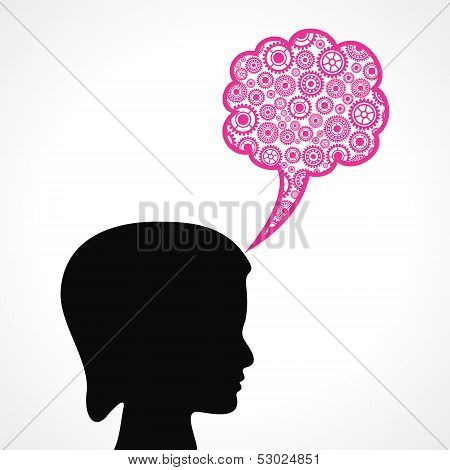 Group of gears make a speech bubble with female face stock vector