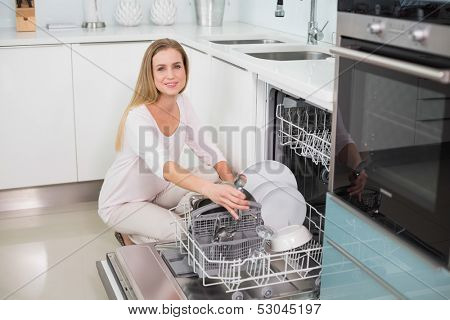 Smiling gorgeous model kneeling behind dish washer in bright kitchen