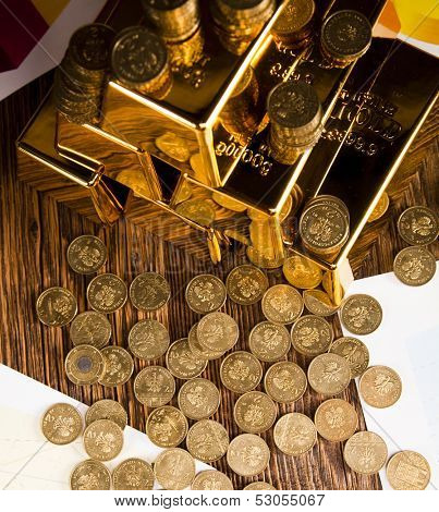 Gold bar and coins